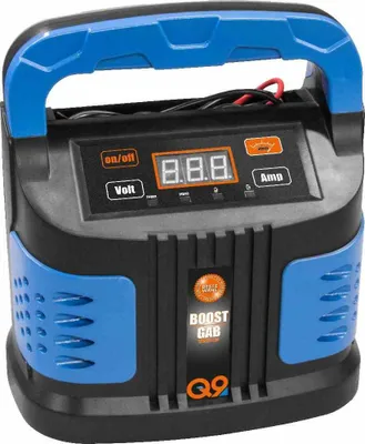A car battery charger is shown from a front-facing angle.