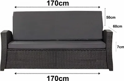 A front view of a dark gray outdoor sofa cushion set with dimensions indicated by text overlays.
