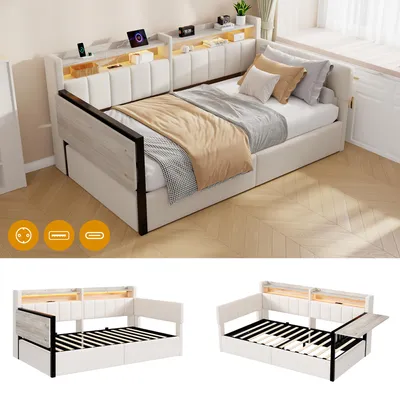 Obrázek produktu pro Postel s čalouněnou konstrukcí, rozměry 90 x 200 cm, bílá barva, využitelná jako pohovka, s hydraulickým úložným prostorem, sklopným stolem, potažená sametem, s LED osvětlením, USB a USB-C porty
