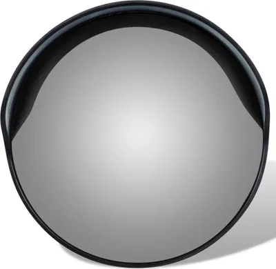 A convex mirror with a black rim against a light gray background.