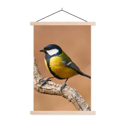 Produktbild von MuchoWow® Textilposter Vogel - Kohlmeise - Zweige 40x60 cm mit holzfarbenen Rahmen - Poster