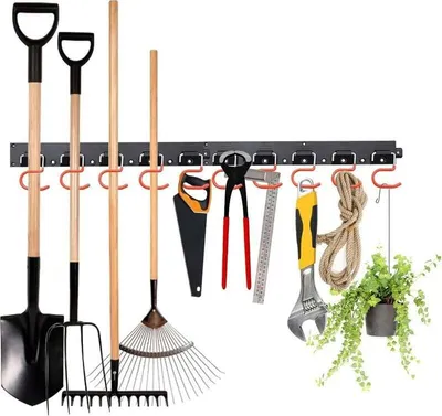Obrázek produktu pro Organizér do garáže, nastavitelný úložný systém 163 cm s 20 háčky a 4 kolejnicemi pro montáž na zeď, úložný prostor na nářadí, zahradní úložný prostor, držák na koště a mop na zahradu a do garáže