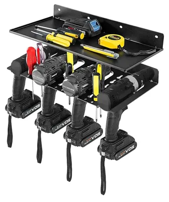Produktbild von Wandmontiertes Werkzeugregal - Werkzeughalter - 4 Fächer - 36 Bohrlöcher für Bohrer & Bits - Für Elektrowerkzeuge - Kunststoff - Schwarz