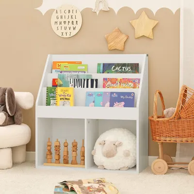 Produktbild von SoBuy Bücherregal Bücherregal Aufbewahrungsfach Kinderregal Spielzeugschrank mit 3 Aufbewahrungsfächern und 2 offenen Fächern - Weiß