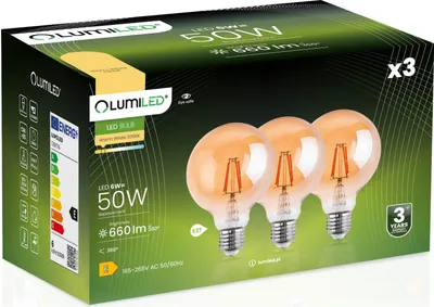 Produktbild von LUMILED 3x E27 LED Lampen G95 Vintage 6W Ersetzt 50W Glühlampe 660lm Leuchtmittel 2000K Warmweiß Glühbirne Retro Filament Amber Glas Kugel Deko