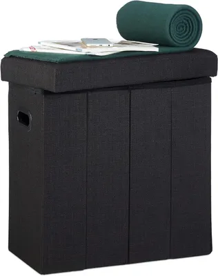 Productafbeelding van Poef met opbergruimte - Opvouwbaar - Smal - Linnen - Polyester - MDF - 49,5 x 46 x 25,5 cm - In het zwart