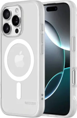 A clear iPhone case with MagSafe compatibility is shown, highlighting the Apple logo and the case's transparency.
