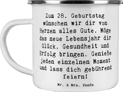 Produktbild von Mr. & Mrs. Panda Emaille Tasse Spruch 28. Geburtstag - Weiß - Geschenk, Blechtasse, besonderer Anlass, Erinnerung, Happy Birthday, Zeiteisen, Pott, Liebevoll, Jubiläum