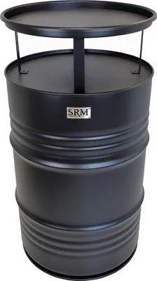A black metal barrel-shaped table with a top shelf.