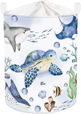 Produktbild von Großer Blauer Meerestier Schildkröte Kinder Wäschekorb 45L mit Griff Faltbarer Wal Hai Kleidung Spielzeug Aufbewahrungskorb mit Deckel für das Kinderzimmer