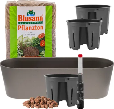 Produktbild von Leni Flori Jardiniere Blumentopf länglich 36 cm dunkelsilber / silber-grau Hydrokultur-Komplett-Set mit Übertopf Hydro-Töpfen Wasserstandsanzeiger & Pflanzton