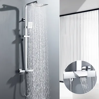Produktbild von Auralum 3-Funktion Thermostat Duschsystem Regendusche mit Duscharmatur -Duschkopf Dusche Duschset Brause Garnitur Duschkopf Handbrause Duschstange fürs Bad/Badewannen
