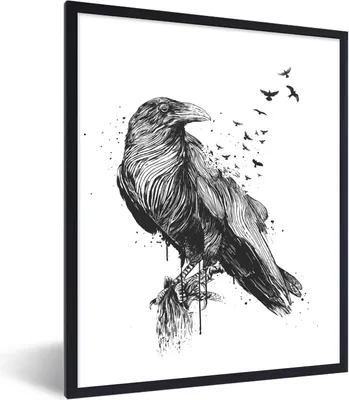 Produktbild von MuchoWow® Gerahmtes Poster Krähe - Vögel - Schwarz und weiß 60x80 cm - Poster mit Schwarzem Bilderrahmen Wandposter Rahmen Foto Bilder - Premium - Wanddeko Wohnzimmer