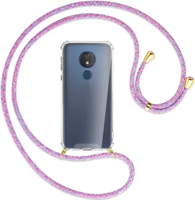 Produktbild von Handykette Backcover-Schutzhülle mit Band (Metall goldfarben) für Motorola Moto G7 Power - lila/rosa/blau