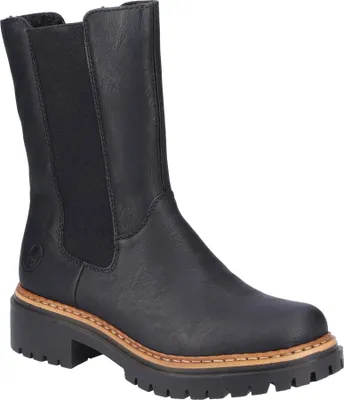 A black leather Chelsea boot with elasticated sides and a thick sole, shown from a side angle against a white background.