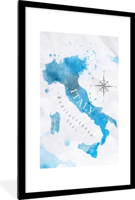 Produktbild von MuchoWow® MuchoWow® Gerahmtes Poster Weltkarte - Blau - Italien 60x90 cm - Poster mit zchwarzem Bilderrahmen - Dekoration - Wandposter Wohnzimmer - Hochwertig