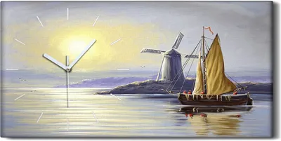 Produktbild von Dekor Leinwand Uhr Wandbilder 60x30 Gemälde See Schiff Mühle Sonne Kunst - weiße Hände