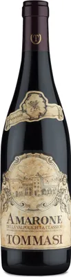 A bottle of Tommasi Amarone wine against a white background.