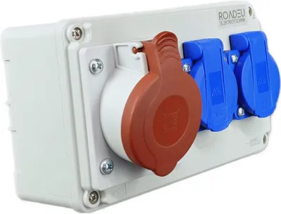 Produktbild von RoadEu - CEE Steckdose 16A und 2x Schuko Verteiler - Steckdosenverteiler - Stromverteiler 16A, IP44 Für den Innen- und Außeneinsatz Baustromverteiler