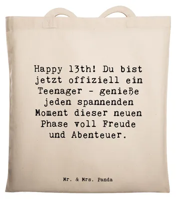Produktbild von Mr. & Mrs. Panda Tote Bag Spruch 13. Geburtstag - Transparent - Geschenk, Erinnerungen, Glückwunsch, Jutebeutel, Meilenstein, Laptoptasche, Shopping Tasche, feiern, Feier