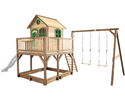 Produktbild von AXI Spielhaus Liam mit Sandkasten, Doppelschaukel & weißer Rutsche | Stelzenhaus XXL in Braun & Grün aus Holz für Kinder | Spielturm mit