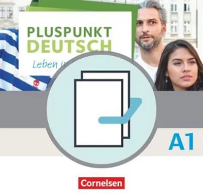 Cover of a German language learning book for A1 level, featuring two people and educational graphics.