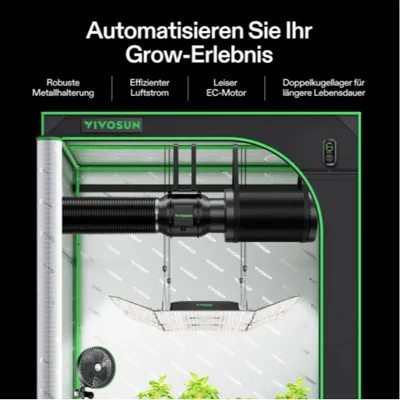 A grow tent setup with ventilation and lighting systems.