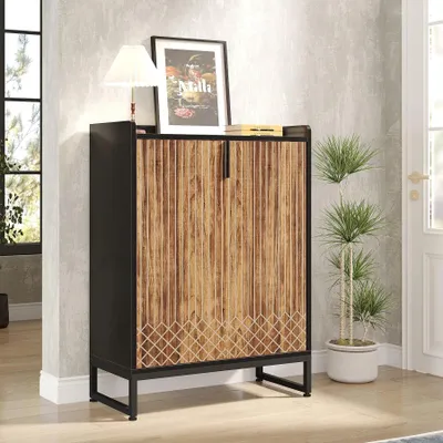Image de Armoire à chaussures en bois - Étagère à chaussures à 5 niveaux avec portes - Structure métallique - Design moderne - Idéale pour l'entrée, la chambre à coucher ou le salon - Couleur : marron