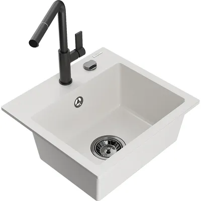 Obrázok produktu pre Mexen Milo granitový jednokomorový drez s kuchynskou batériou Flora, Biela - 6505-20-670401-70-B