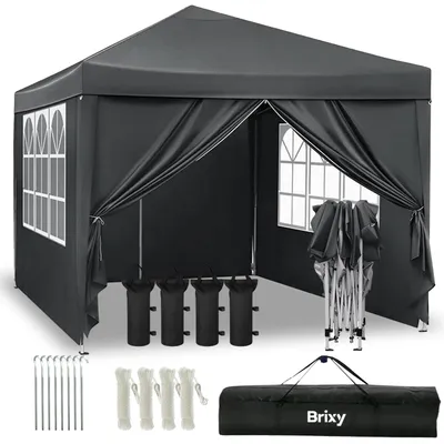 Produktbild von Brixy Partyzelt - faltbar - einfacher Aufbau - 3x3m - wasserdicht - Pavillon mit Seitenwänden - inkl. Tragetasche - anthrazit