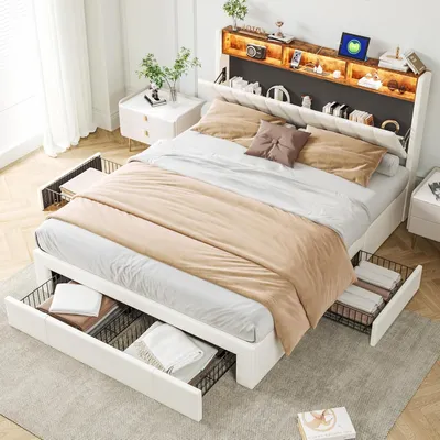 Obrázek produktu pro postel 160x200 cm, podstavec LED a USB, 4 zásuvky, čelo s úložným prostorem, béžový samet
