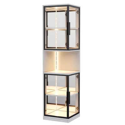 Produktbild von Flieks LED-Vitrinenschrank mit doppelten Glastüren, verspiegelter Rückwand und Kippschutzvorrichtung, Weinschrank, Bücherregal 42x44x205cm, Weiß