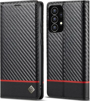 Image de Etui pour Samsung Galaxy A53 5G Etui en cuir carbone avec porte-cartes, aimant et support Noir Horizontal Rouge