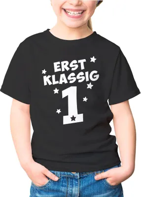 Produktbild von Kinder T-Shirt Mädchen Aufdruck erstklassig Zahl 1 Sterne Geschenk zur Einschulung Schulanfang Moonworks® schwarz 122-128 (7-8 Jahre)