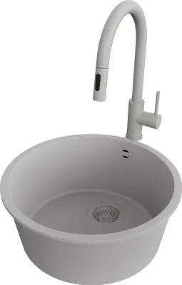 Produktbild von PRIMAGRAN Unterbauspüle Granit Grau 46x46cm, Spülbecken 1 Becken + Küchenarmatur 40x20cm + Ablauf-Set, Granitspüle ab 50er Unterschrank - Valletta