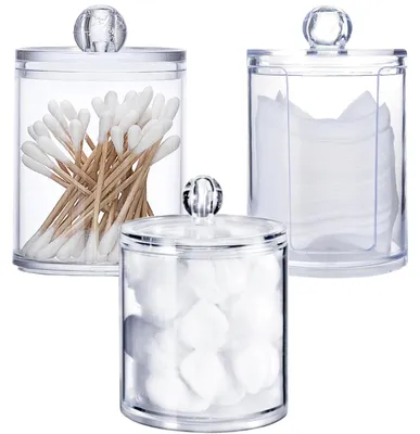 Image de Distributeur de cotons, 3 pièces. Boîtes de rangement transparentes en acrylique pour le maquillage, les cotons et les cotons-tiges.