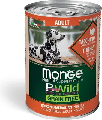 Imagen del producto de Monge BWild Alimento para perros adultos, sabor Pavo con calabaza y calabacín, 400g