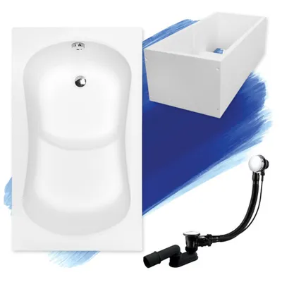 Zdjęcie produktu dla Wanna Akrylowa Zestaw 4w1 Prostokątna 120x70 Biała + Styropianowy Nośnik Stabilizujący, Nowoczesny Syfon i Nogi w komplecie | BADLAND ARIA REHAB