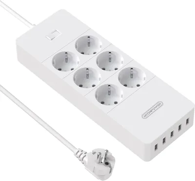 Zdjęcie produktu dla Listwa zasilająca - Wielokrotne gniazda - Listwa z zabezpieczeniem przeciwprzepięciowym - 4000W 16A - Listwa z 6 gniazdami i 5 portami USB