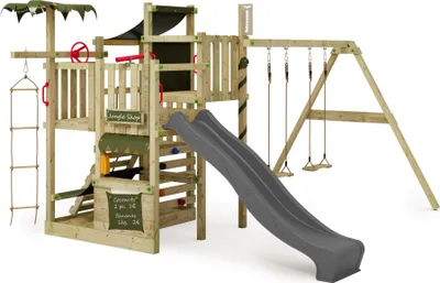 Image de FATMOOSE Tour de jeu CrazyCoconut avec balançoire & toboggan, jeu de jardin avec échelle & accessoires de jeu - anthracite / vert olive