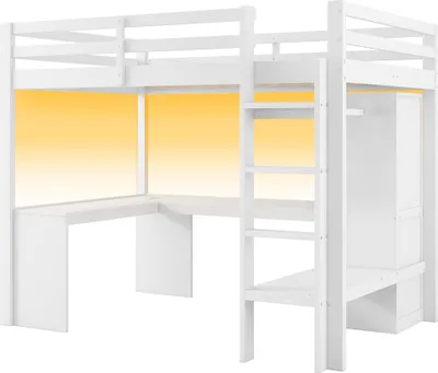 Produktbild von Merax Etagenbett Hochbett 140x200 cm, mit Regalen, Schreibtisch, LED-Licht und USB, Hängebereich, Stockbett aus Holz, Kinderbett, Jugendbett, Weiß