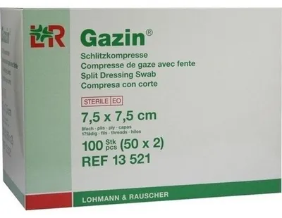 Obrázok produktu pre Gazin 7,5 cm x 7,5 cm sterilný 8-násobný štrbinový kompres, 100 kompresov