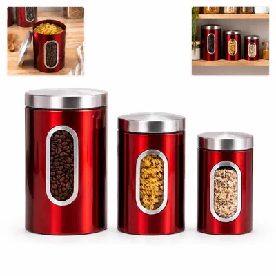 Produktbild von 3er Set rote Edelstahl-Aufbewahrungsdosen, mit Glas-Sichtfenster und Deckel, für Küchenarbeitsplatten, lebensmittelechte Vorratsbehälter, Ordnungsset