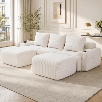 Produktbild von Cord Sofa Beige 3 Sitzer Modulsofa mit 2 Hockern Ecksofa Modular Couch mit Getr?nkehalter Seitentasche Wohnlandschaft L Form Wohnzimmersofa Polstersofa
