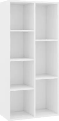 A white, empty bookshelf with multiple compartments.