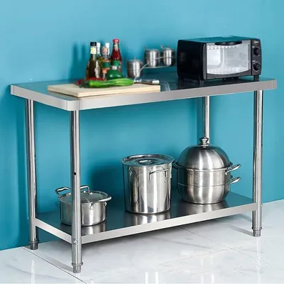 Imagen del producto de Mesa de trabajo de acero inoxidable para cocinas industriales. Mesa de trabajo con estante inferior. Mesa de trabajo de color plateado, ideal para uso en interiores y exteriores
