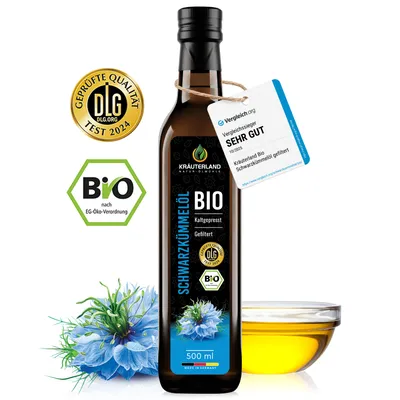 Produktbild von Kräuterland Premium Schwarzkümmelöl, 500ml gefiltert, kaltgepresst, Europas größte Ölmühle im Online-Handel, 22 Jahre Erfahrung, mühlenfrisch, vegan