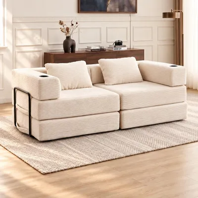 Produktbild von Modulares Sofa 2-Sitzer Cord,Klappbar & Ausziehbar als Schlafsofa,Mit 2 Kissen, Becherhaltern & Seitentasche,Weich & Ohne Montage