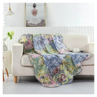 Produktbild von Emma Patchwork-Überwurfdecke von Greenland Home, Blumendesign, gesteppt, 152,4 x 127 cm, Grau