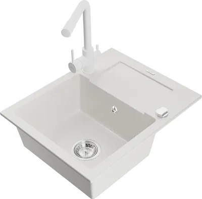 Produktbild von Mexen Enzo 1 Becken-Granitspüle mit Abtropffläche und Mischbatterie Duero, Weiß - 6506-20-671600-20